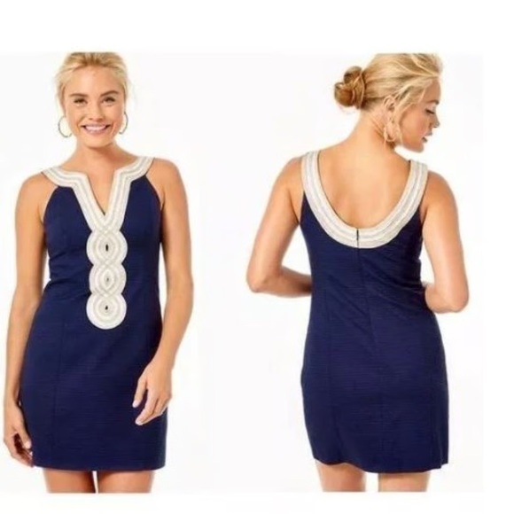 Lilly Pulitzer Valli Shift Dress Navy Gold Figure Flattering notch neckline 4 - Picture 1 of 6
